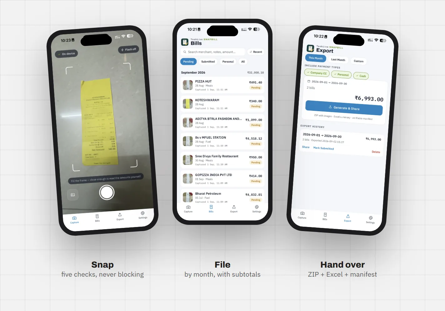 SnapBill Capture, Review and Export screens on a phone