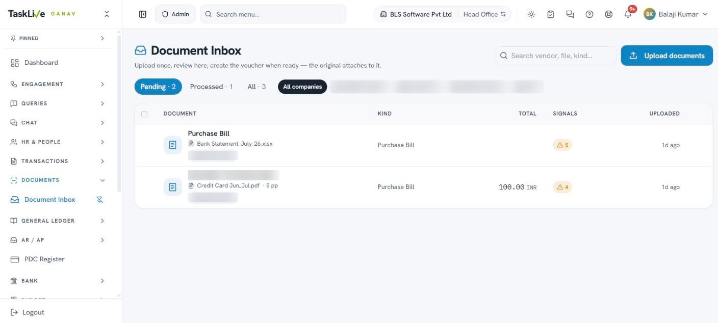 Ganav AI Document Inbox with uploaded bills and their coded draft journals