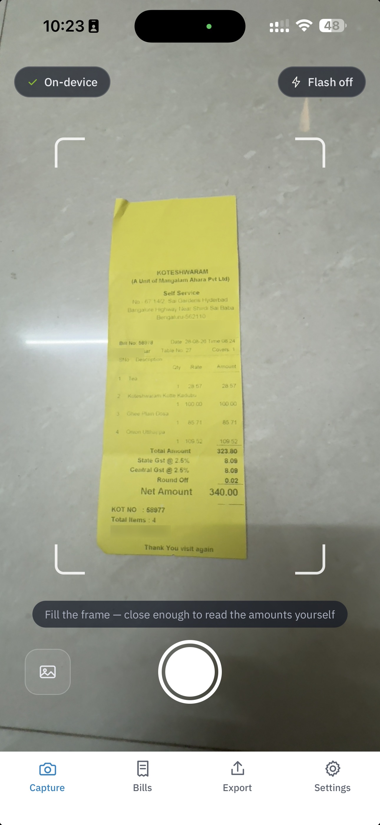 TaskLive SnapBill camera screen with the guide frame around a bill