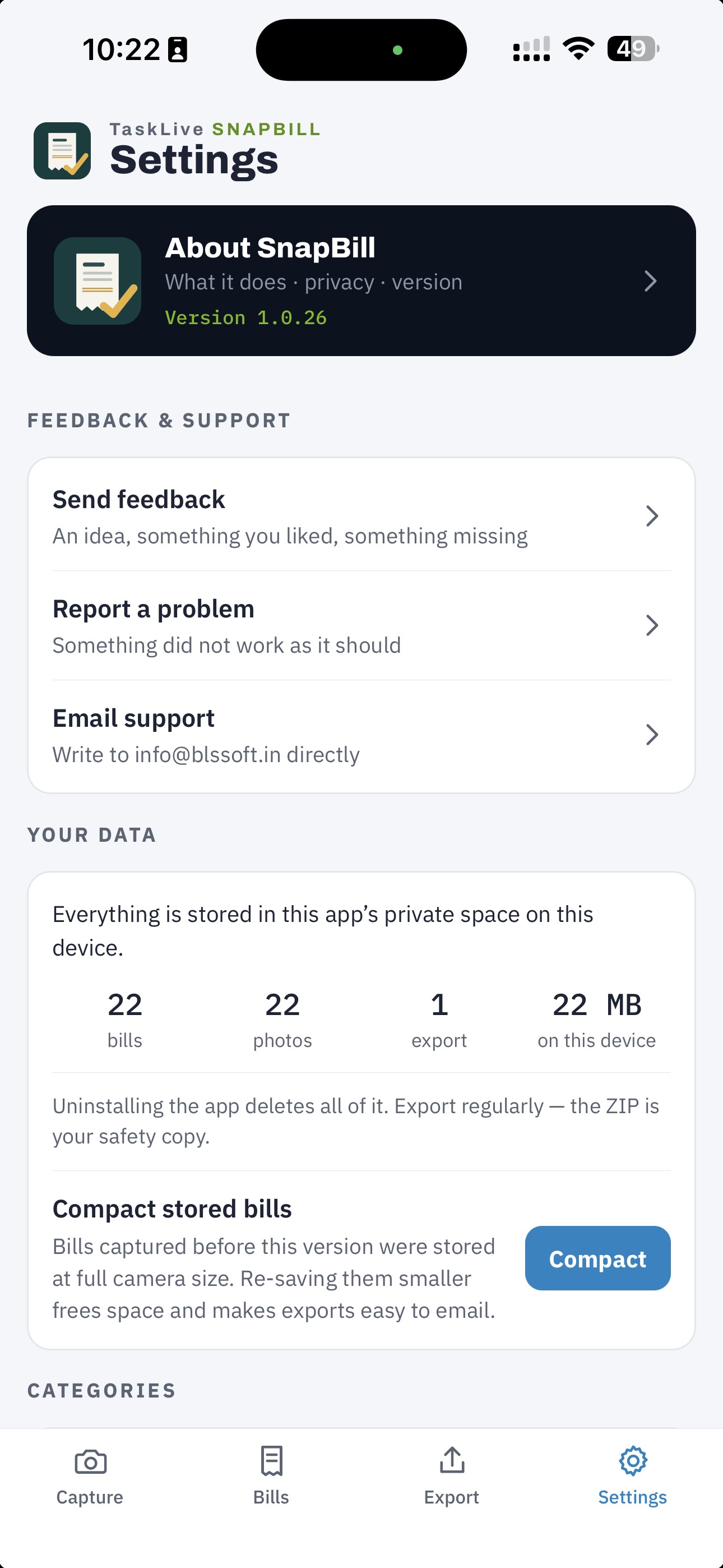 TaskLive SnapBill settings screen showing what is stored on the phone